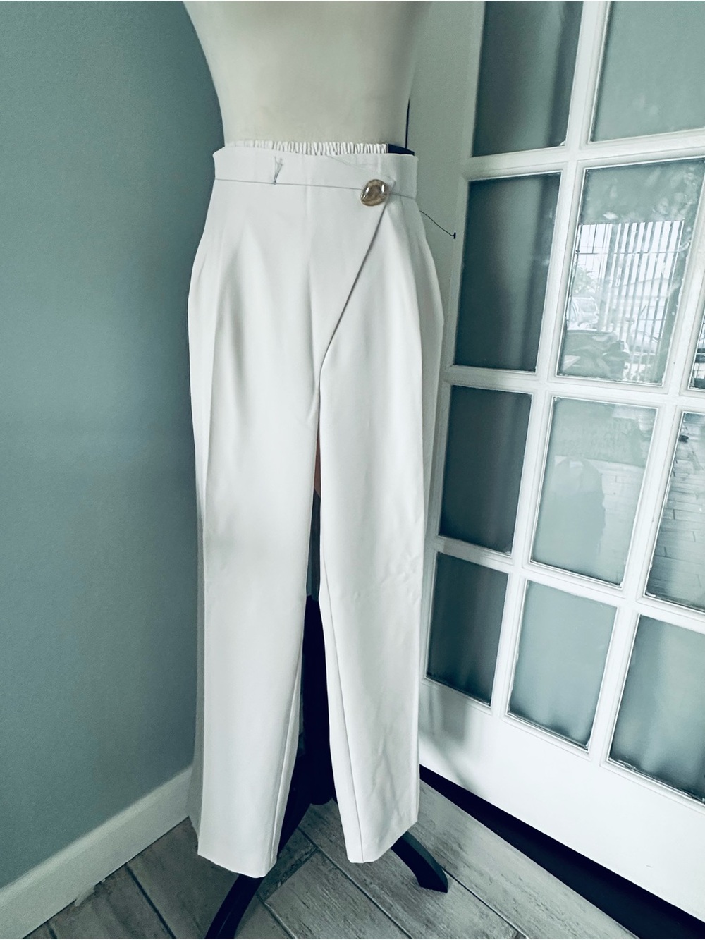Nine West Cream Wrap-Front High-Waist Trousers with Button Accent